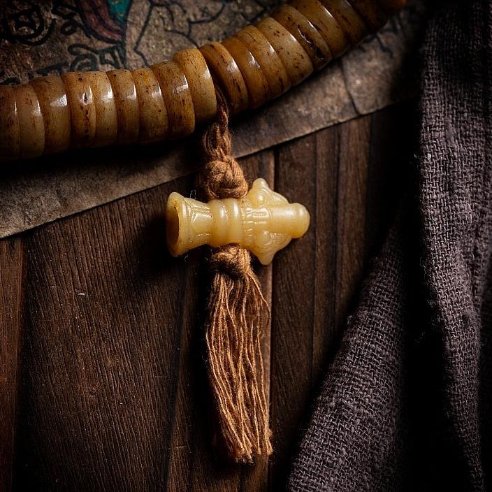 Handcrafted Old Yak Bone 108 Mala with Vajra Pendant