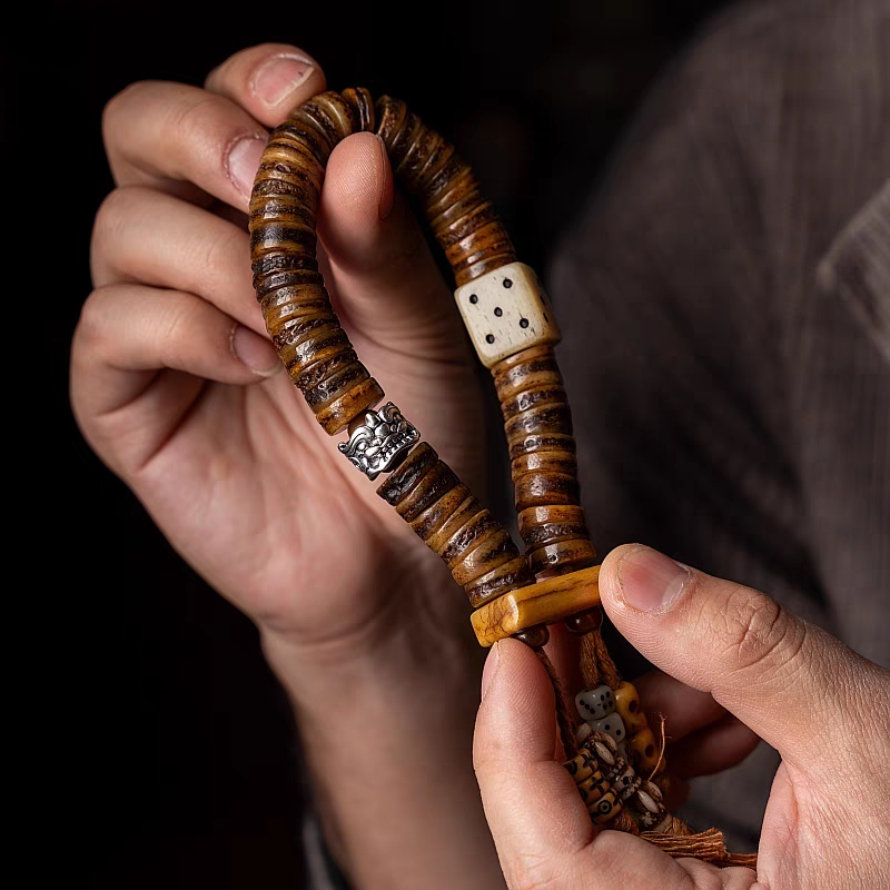 Ancient Craftsmanship- Tibetan Old Yak Bone Mala with Dice