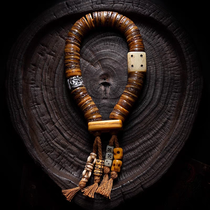 Ancient Craftsmanship- Tibetan Old Yak Bone Mala with Dice
