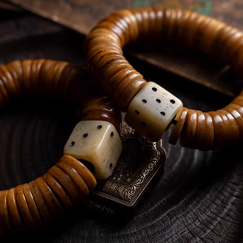 Ancient Craftsmanship- Tibetan Old Yak Bone Mala with Dice