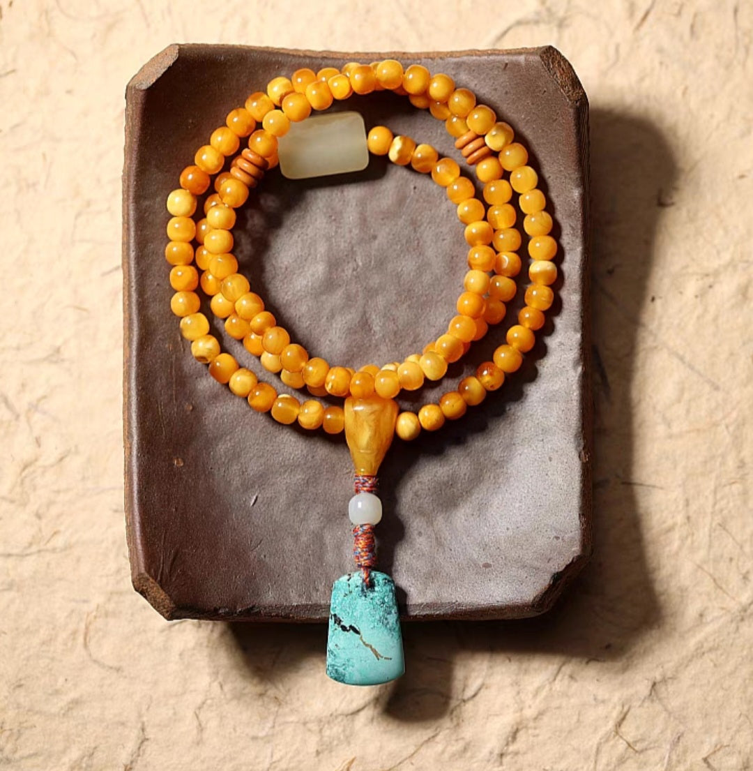 108 Mala Beads: Honey Amber Beads with Turquoise Pendant