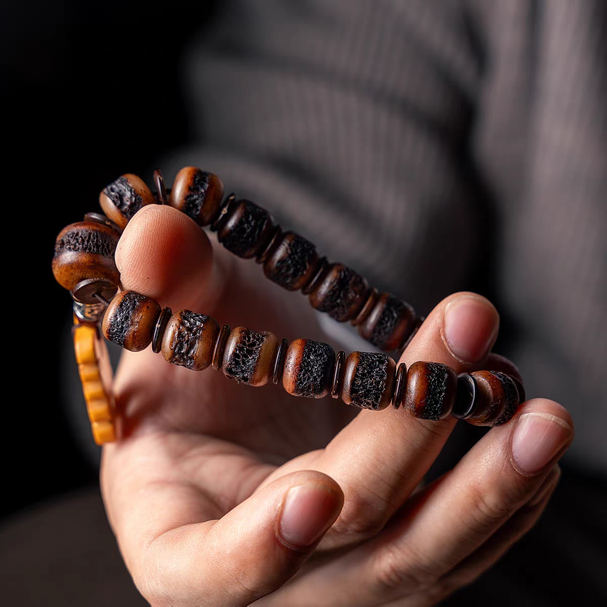 Aged Yak Bone Bodhisattva Mala with Turquoise and Peace Card