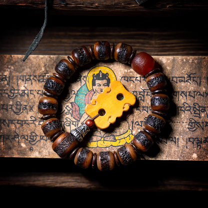 Aged Yak Bone Bodhisattva Mala with Turquoise and Peace Card