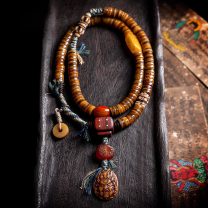 Mahakala Yak Bone 108 Prayer Beads with Raw Amber
