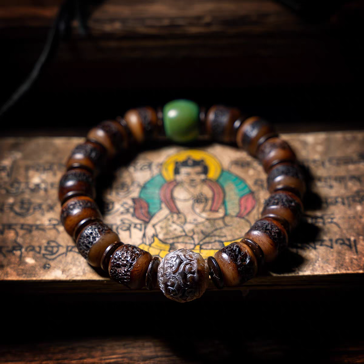 Aged Yak Bone Bodhisattva Mala with Turquoise and Peace Card