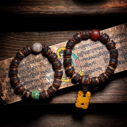 Aged Yak Bone Bodhisattva Mala with Turquoise and Peace Card