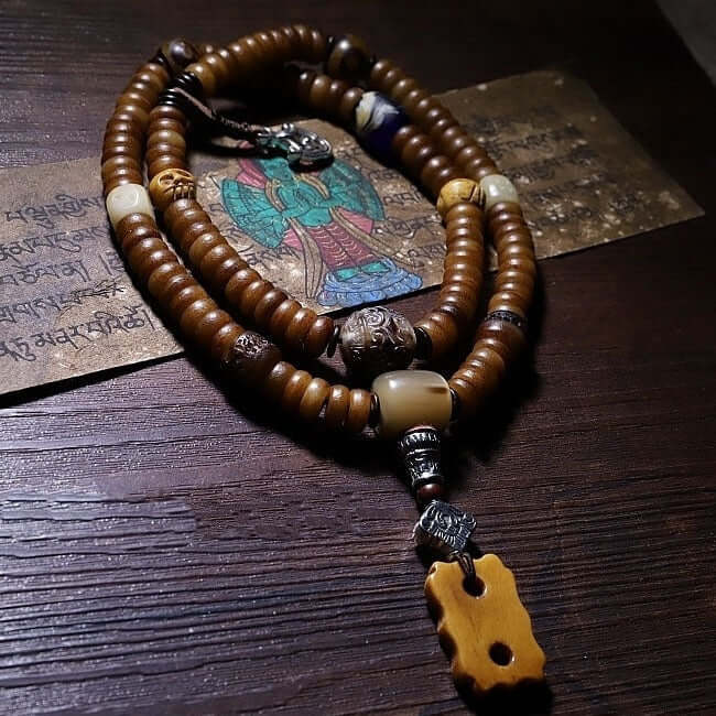 Impermanence-108 Mala Beads- Tibetan Agate Yak Bone