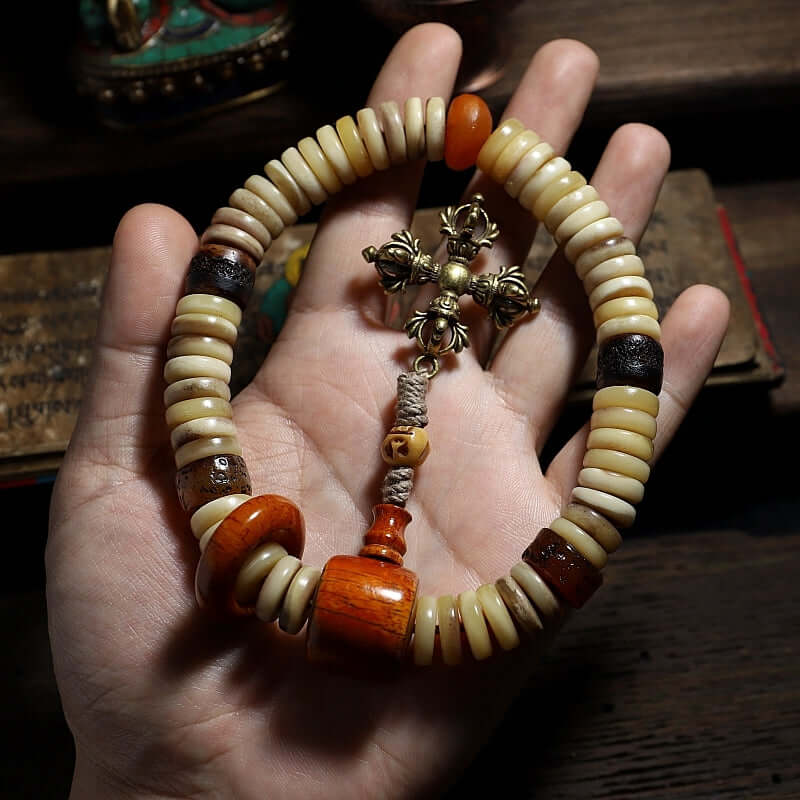 Size Double Vajra Mala Beads Bracelet- Camel Bone