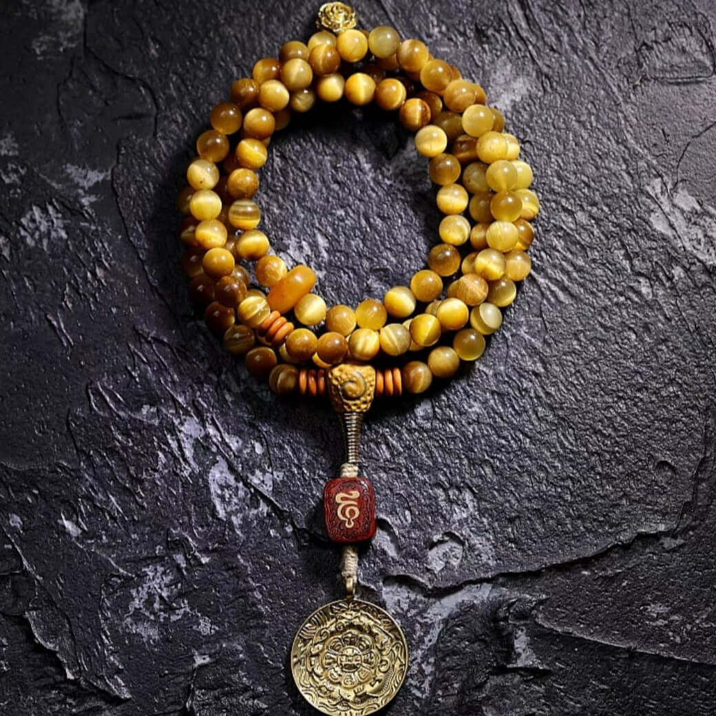 Jambhala- Golden Tiger's Eye Stone- 108 Mala Beads Tibetan Astrology