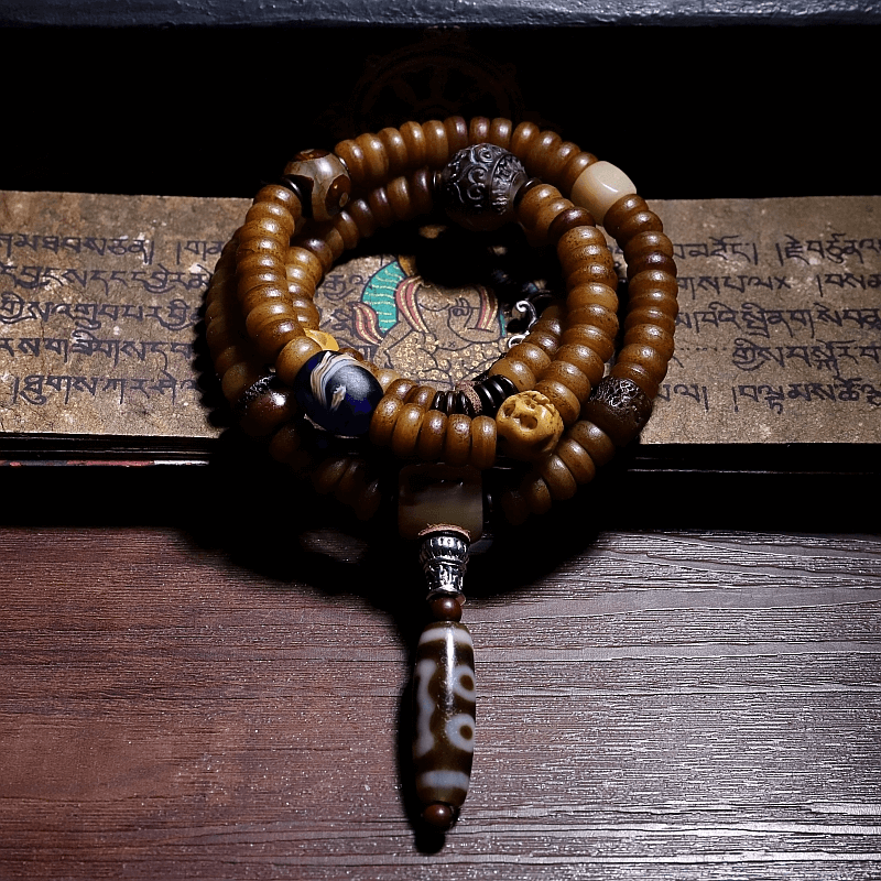 Impermanence-108 Mala Beads- Tibetan Agate Yak Bone