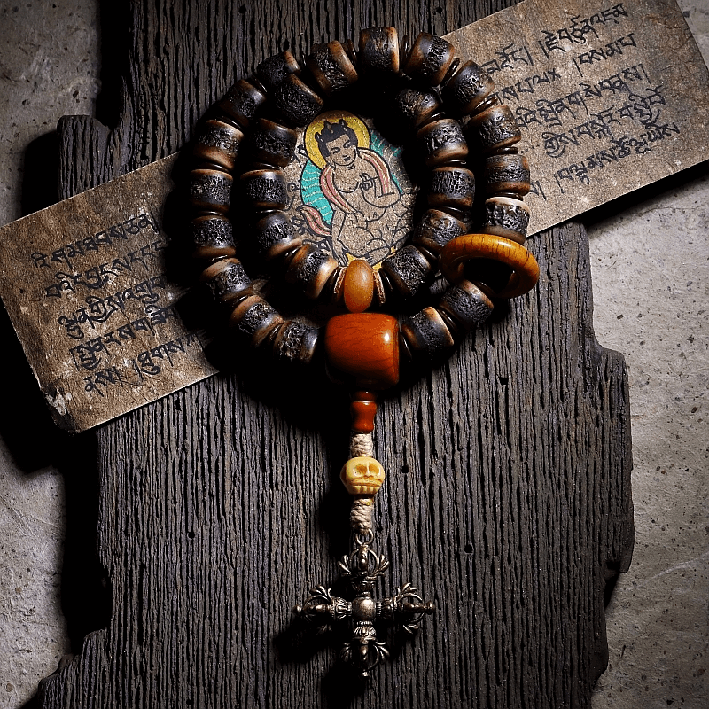 Mala Beads- Old Yak Bone- Double Vajra-Kapala