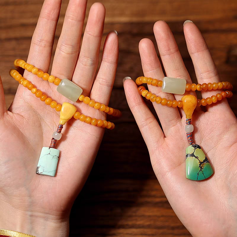 108 Mala Beads: Honey Amber Beads with Turquoise Pendant